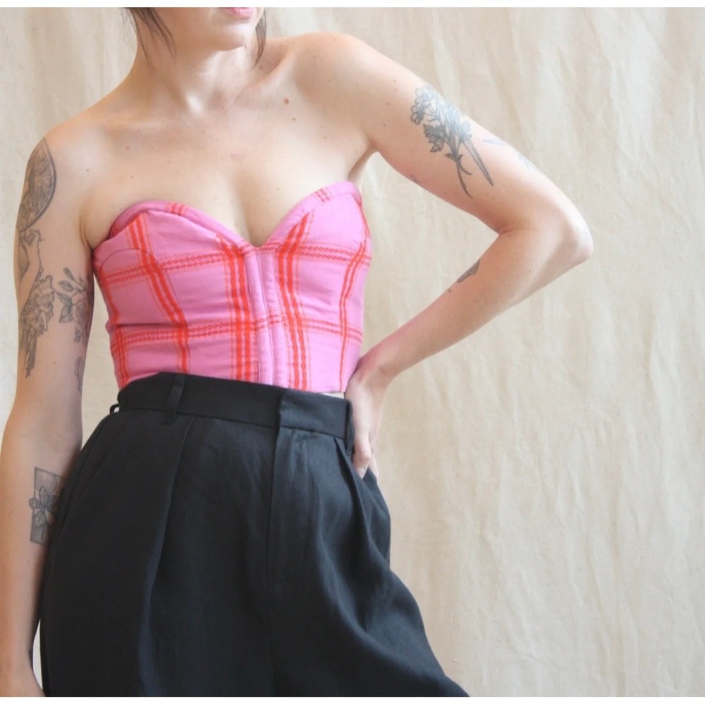 Mara Hoffman Rilynn Bustier Crop Top Strapless Organic Cotton Pink Penny Plaid 0